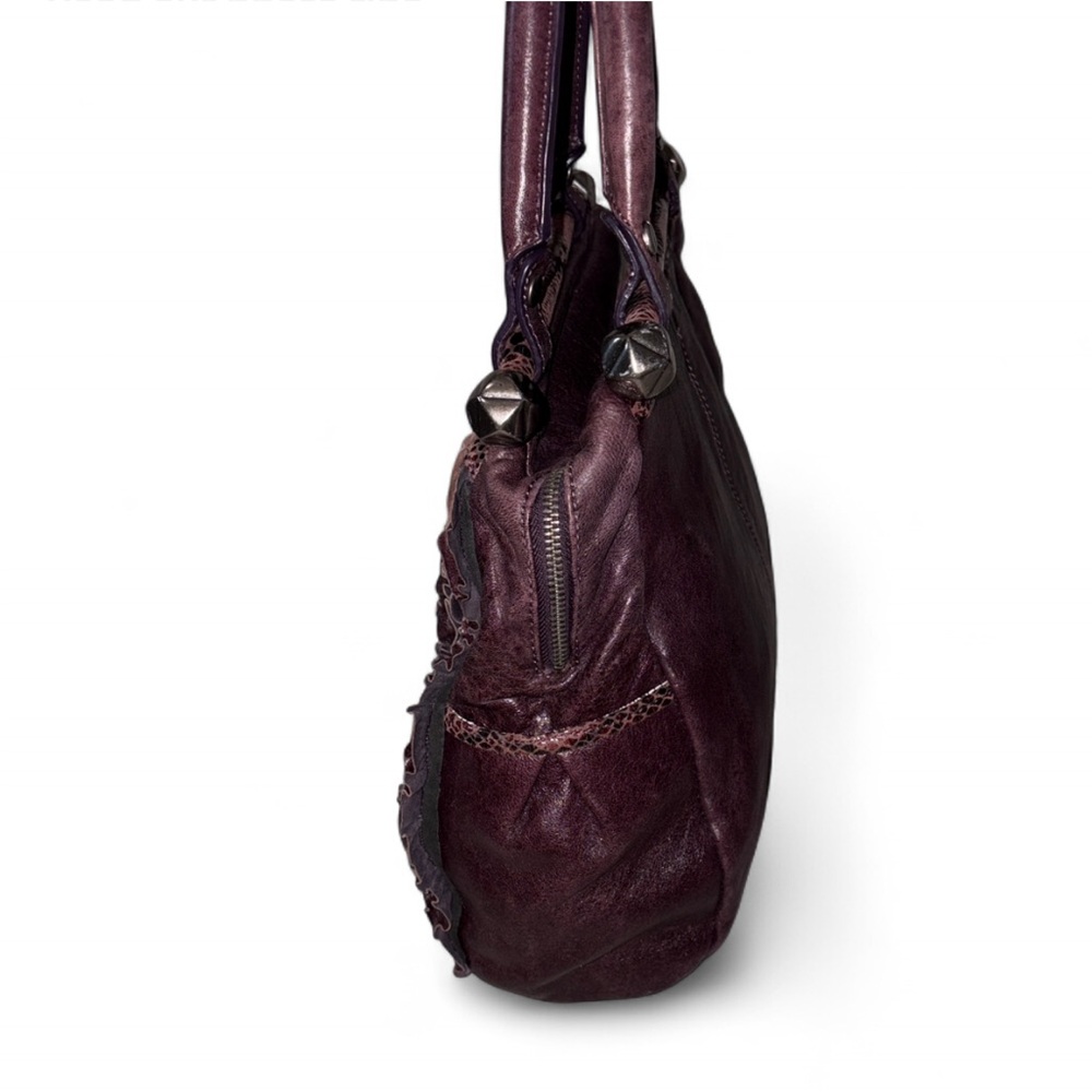 Betsey Johnson Leather Ruffle Structurec Satchel Handbag in Deep Plum - Picture 5 of 13